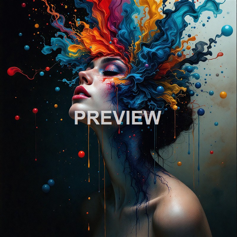 A digitally manipulated image of a woman with her face and neck painted in vibrant colors, with multicolored paint-like swirls and splashes emanating from her head, creating an abstract, surreal visual.